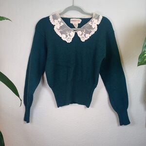 Vintage 70s Tanner Sport Teal Green Wool Lace Collared Feminine Boho Sweater